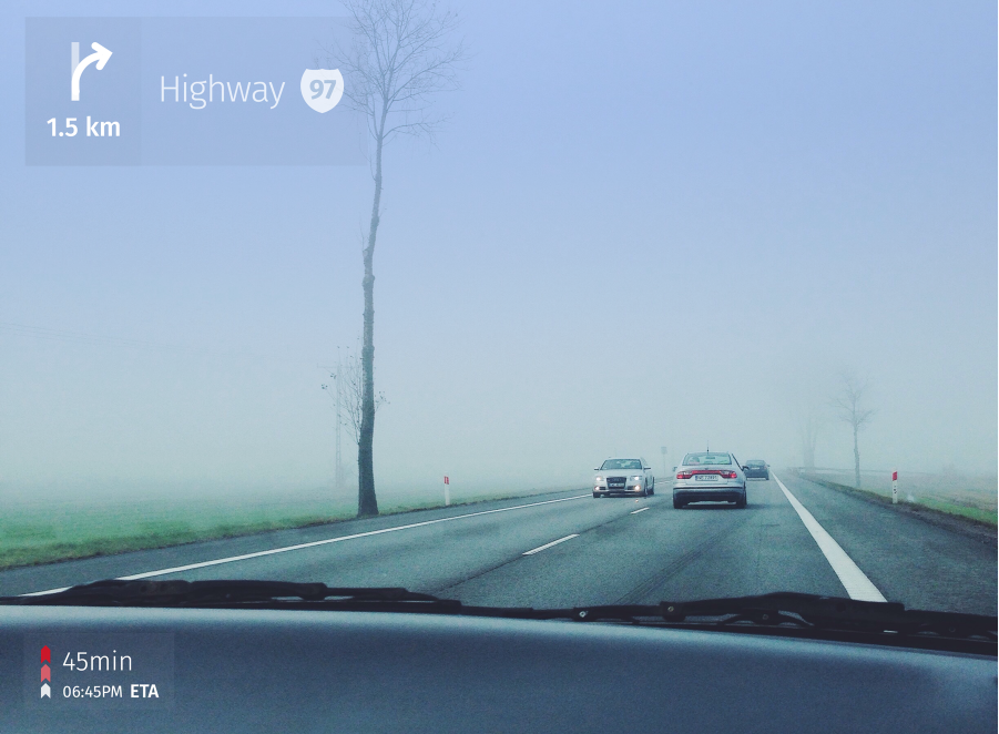 HUD directions on car's windscreen